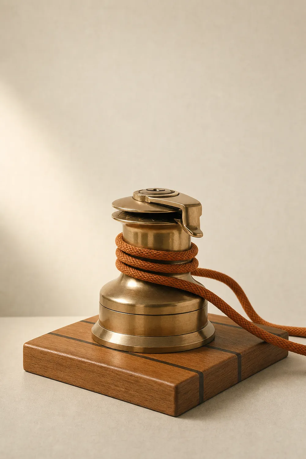 A sculptural bronze winding drum from a sailboat on a teak plinth, an amber sheet wrapped three turns around it