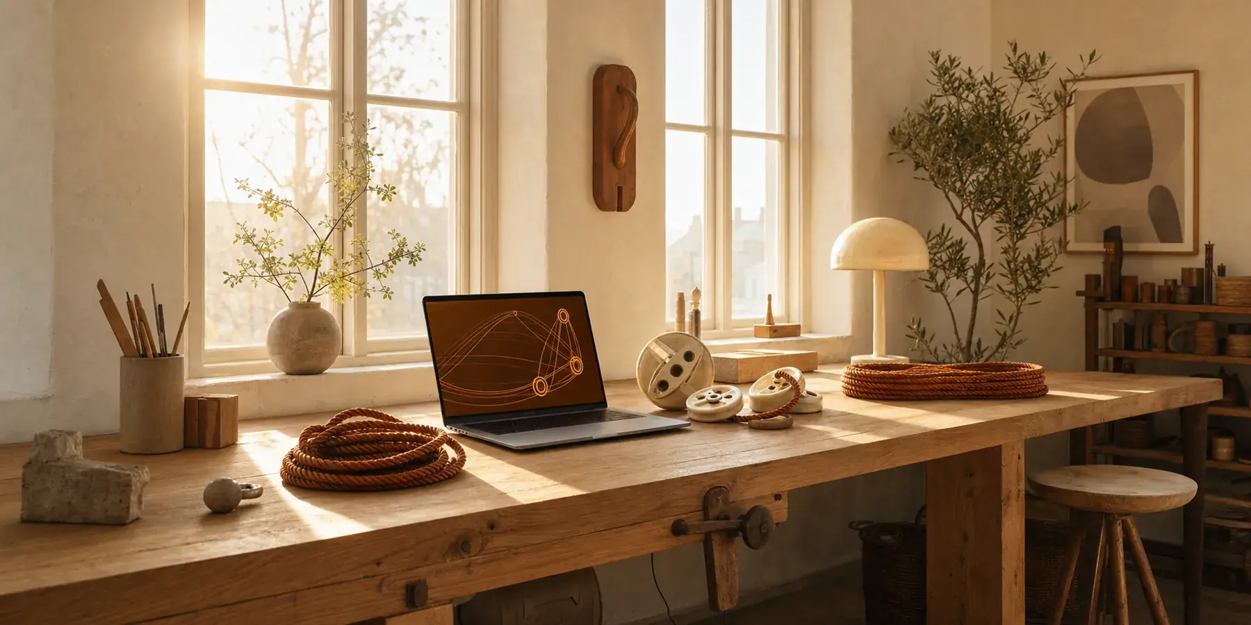 A warm Scandinavian workshop with a laptop, rope coils and pulley wheels on an oak workbench