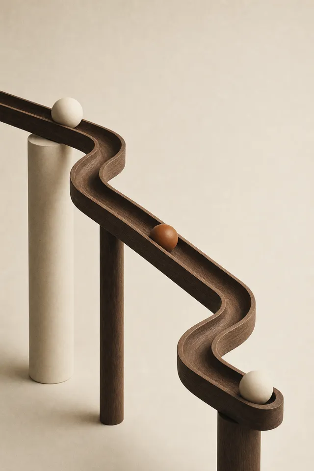 A wooden marble run guiding ceramic spheres, one in amber