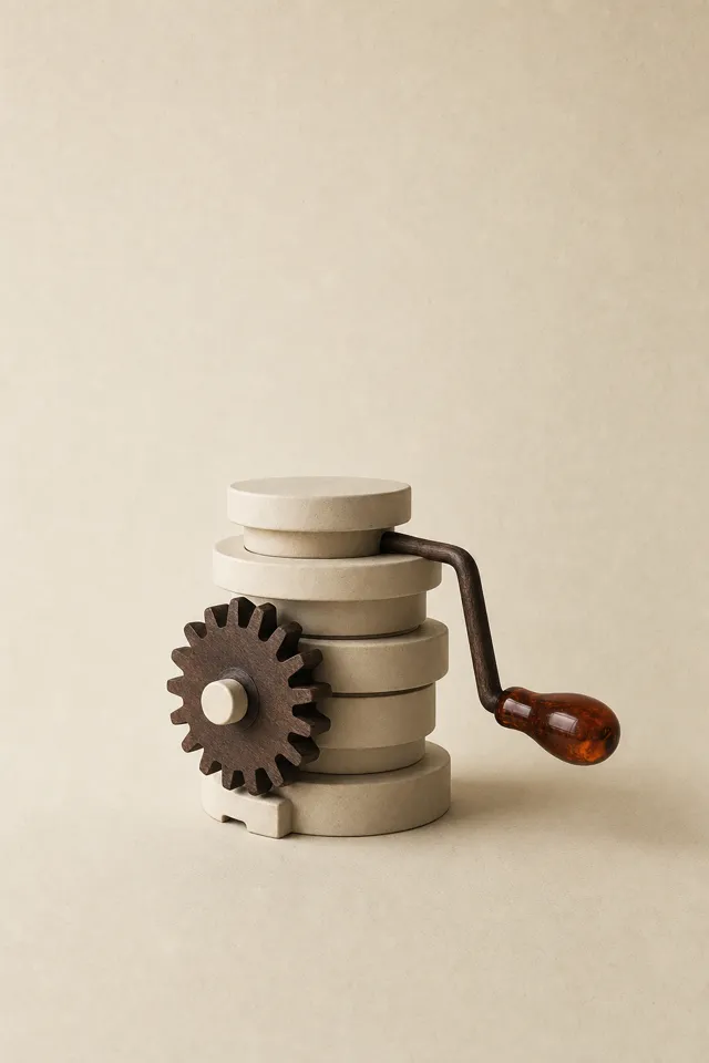 A small sculptural machine of ceramic discs with a wooden gear and an amber crank